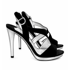 Prada Black Suede Silver Metallic Heels Slingback Platform Sandals 37 Italy